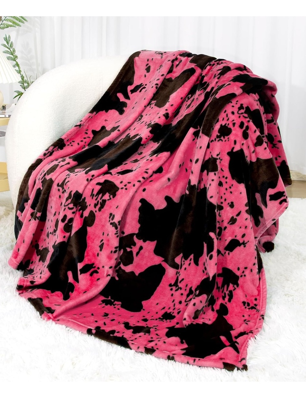 Soft Plush Pink and Black Cow Throw Blanket